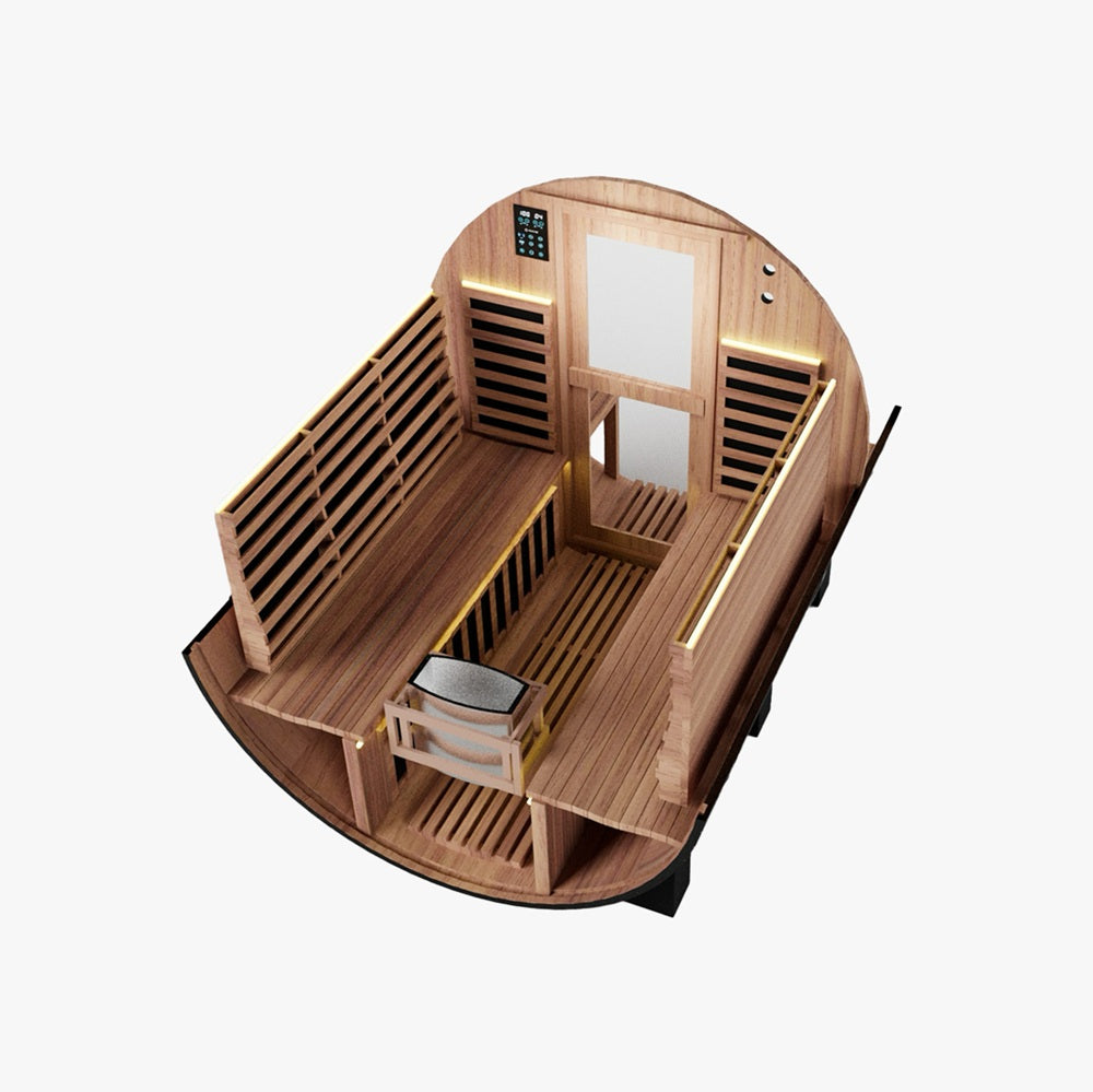 Nuvie outdoor barrel sauna featuring wooden interior benches and LED lighting for relaxation