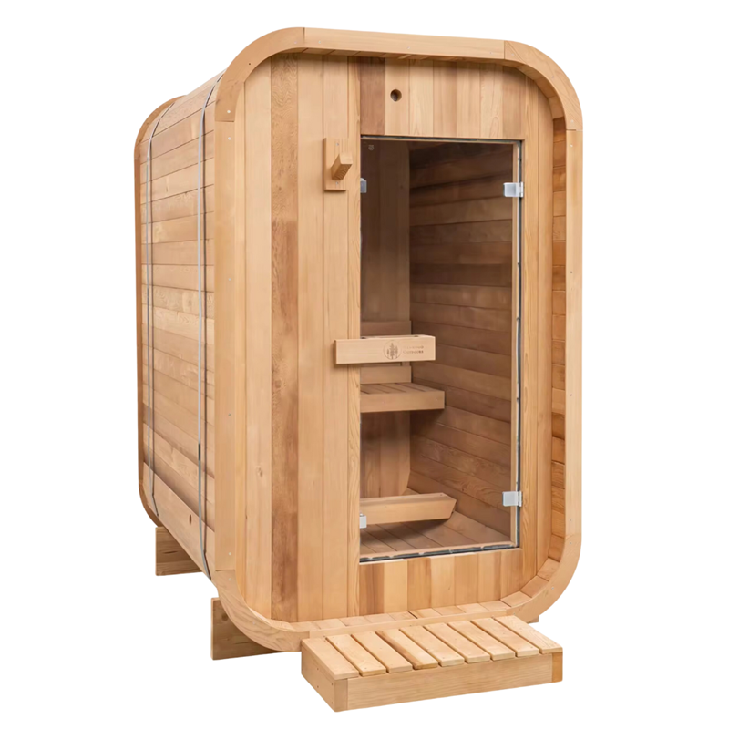 Stryke Recovery outdoor infrared sauna made of natural wood with glass door and interior bench