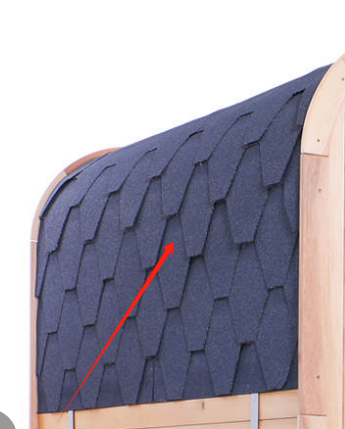 Close-up of black shingle roof on Stryke Recovery outdoor infrared sauna wooden frame