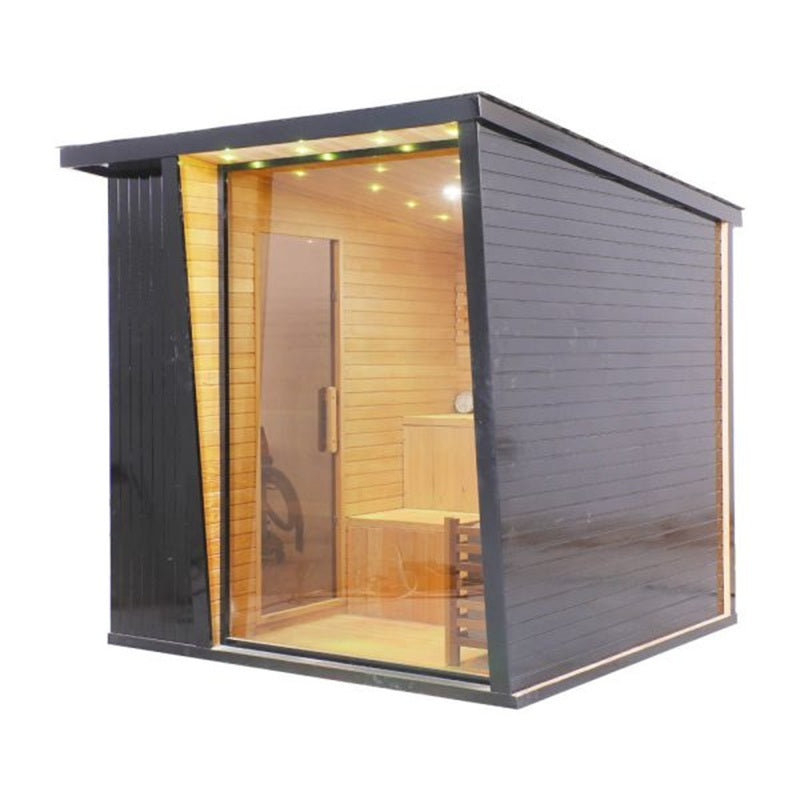 Stryke Recovery outdoor traditional sauna with black exterior and glass door showcasing wooden interior