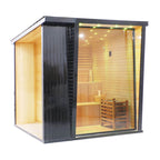 Modern sauna with wooden interior and glass walls on a white background