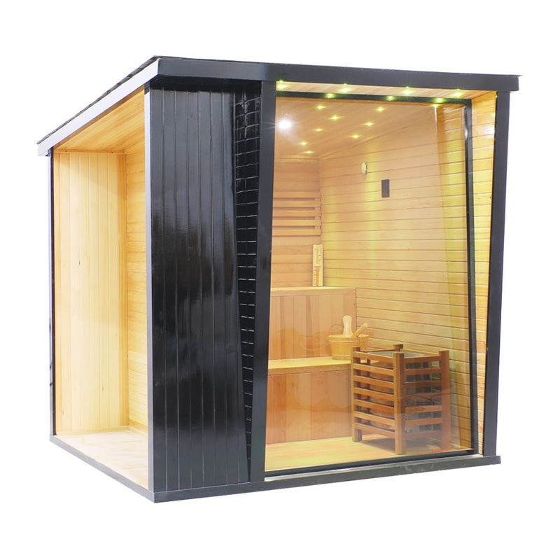 Modern sauna with wooden interior and glass walls on a white background