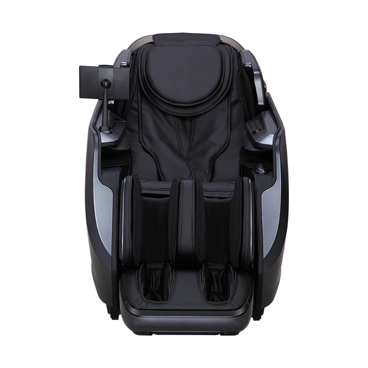 Black Masseuse massage chair with ergonomic design and footrest on black background