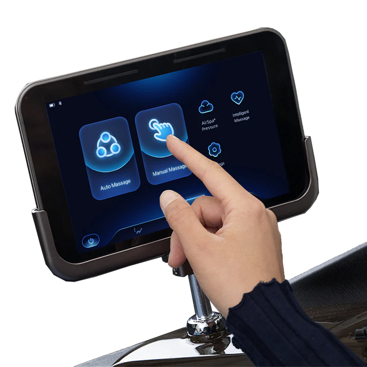 User operating touchscreen control panel on Masseuse massage chair selecting manual massage mode