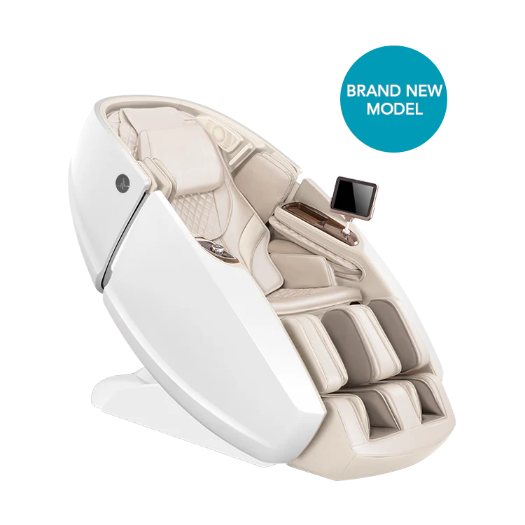 White Masseuse massage chair with touchscreen control and ergonomic design for full body relaxation
