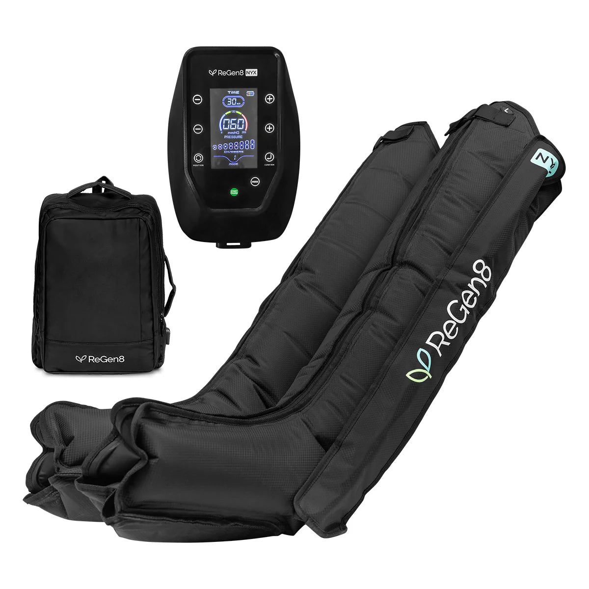 Lifespan Fitness black ReGen8 compression boots with control unit and carrying bag for recovery
