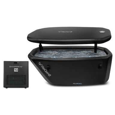 Lifespan Fitness black ice bath with open lid and separate cooling unit for recovery therapy