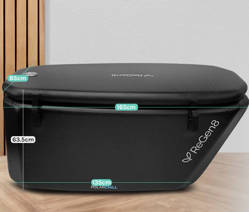 Lifespan Fitness ice bath in black with dimensions labeled for length width and height