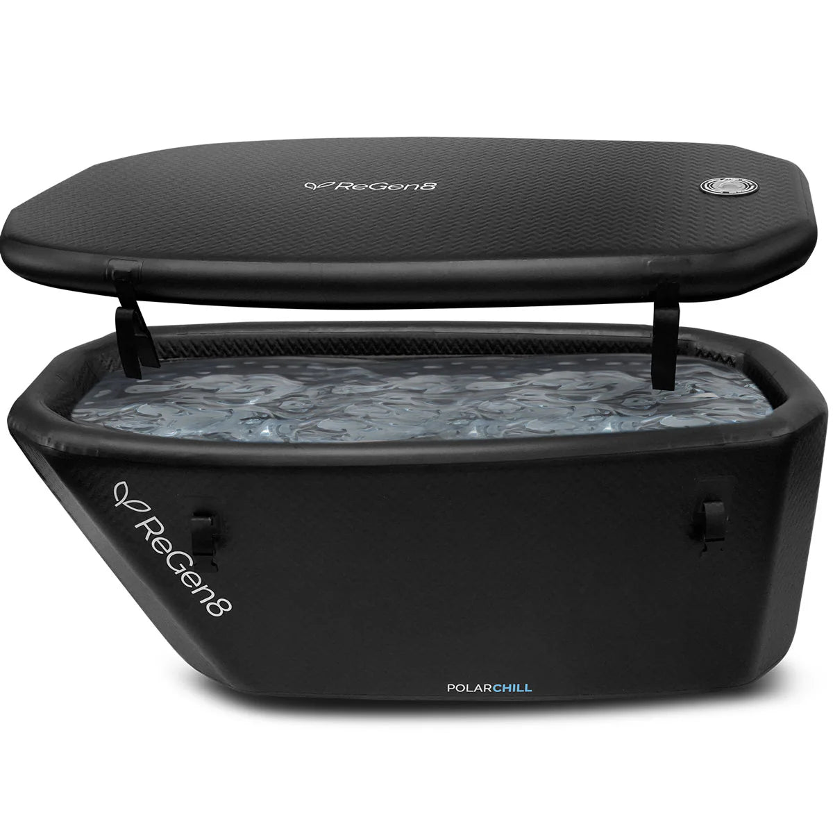 Lifespan Fitness ReGen8 Polar Chill black ice bath with open lid filled with ice water