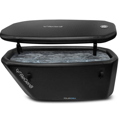 Lifespan Fitness ReGen8 PolarChill black portable ice bath with lid open and ice water inside
