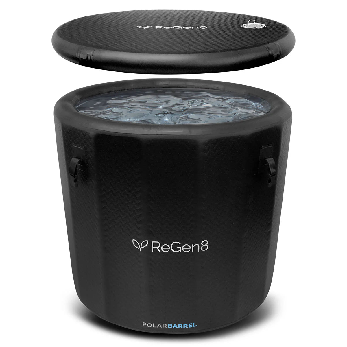 Lifespan Fitness black Polar Barrel ice bath with removable cover filled with ice water