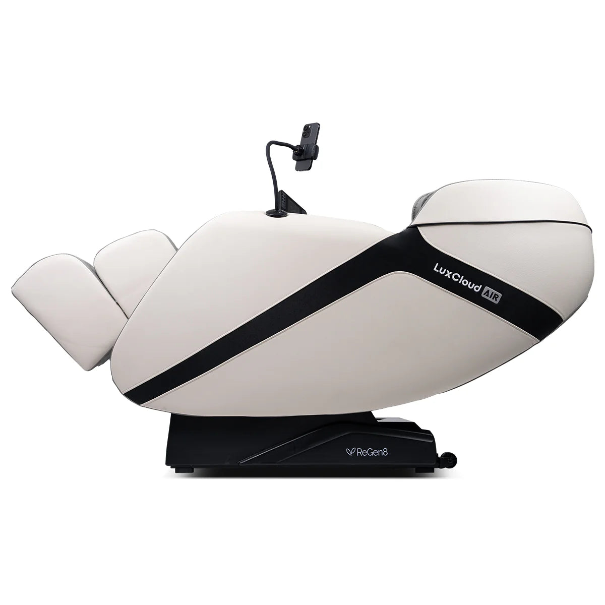 Lifespan Fitness LuxCloud Air massage chair in white with black accents and adjustable phone holder