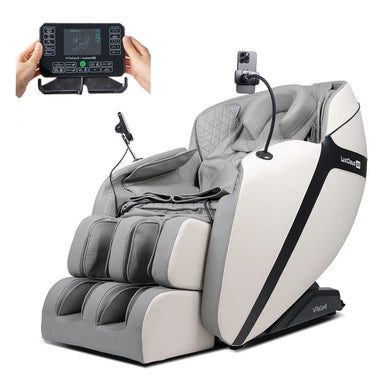 Lifespan Fitness massage chair in gray and white with remote control and smartphone holder
