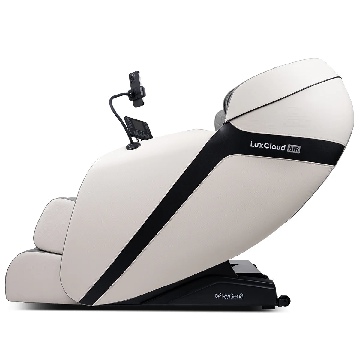 Lifespan Fitness LuxCloud Air massage chair in white and black with ergonomic design and digital controls