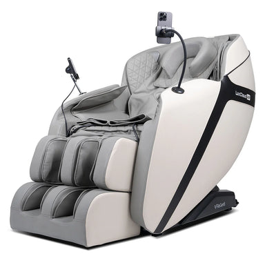 Lifespan Fitness luxury massage chair in gray and white with full body recline and phone holder