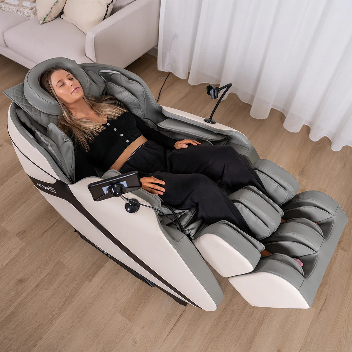 Lifespan Fitness massage chair with reclining feature and full body support in gray and white