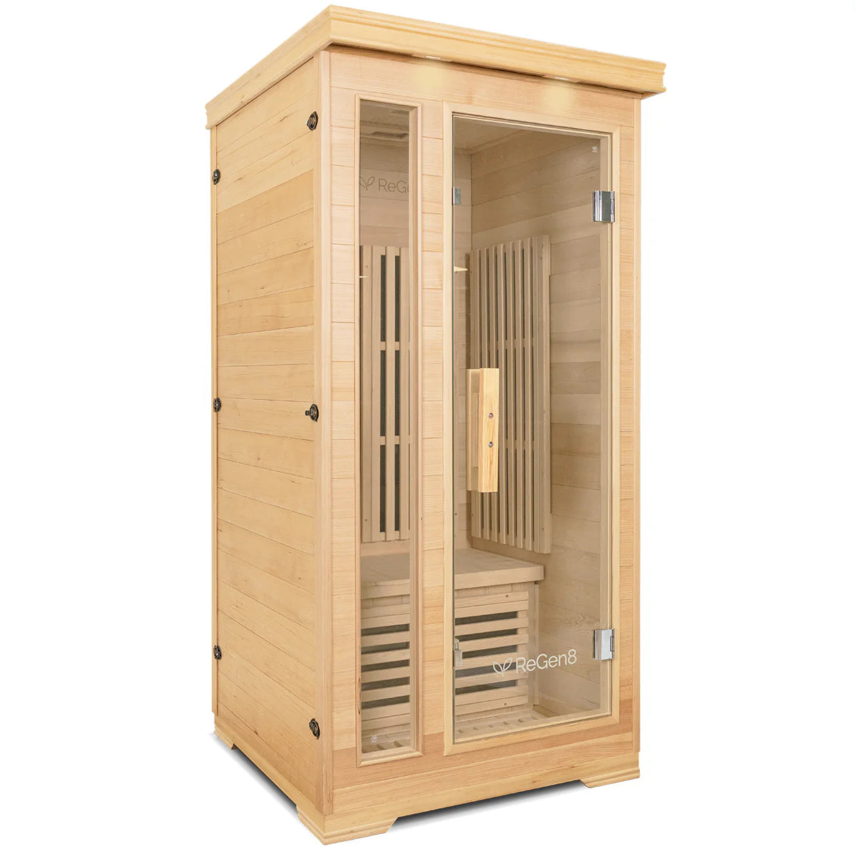 Lifespan Fitness wooden sauna with glass door and interior bench for home use