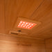 Lifespan Fitness sauna interior wooden ceiling with soft red LED lights and ReGen8 logo on wall