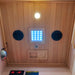 Interior ceiling view of Lifespan Fitness sauna with LED light and control panel