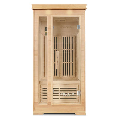 Lifespan Fitness wooden sauna with glass door and interior bench for home relaxation