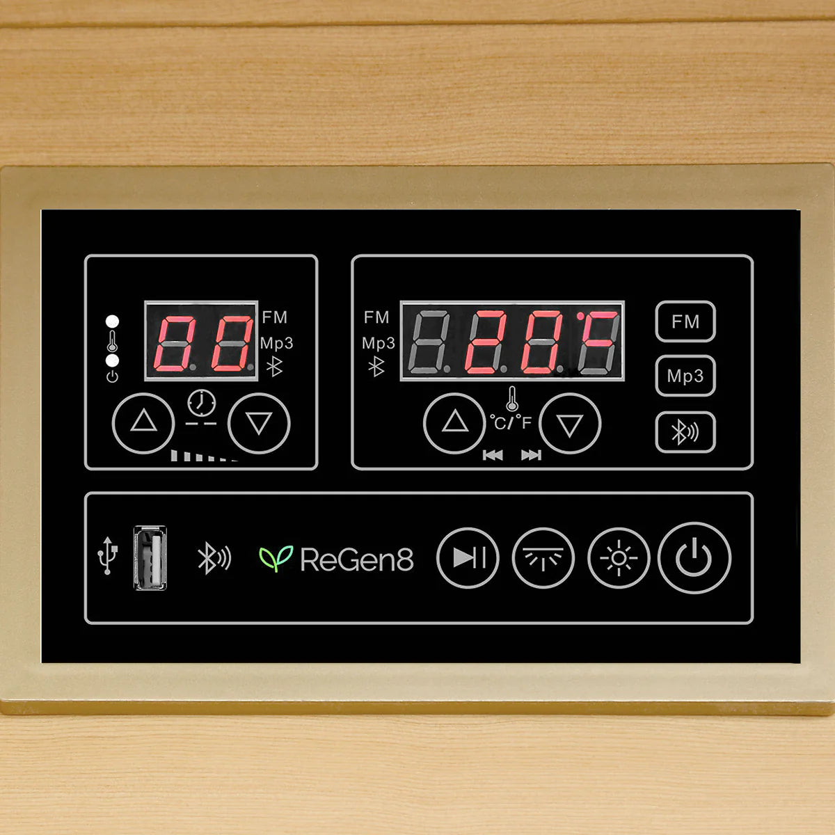 Lifespan Fitness sauna control panel with digital temperature display and media buttons