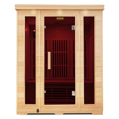 Lifespan Fitness wooden sauna with glass door and red interior lighting for home relaxation