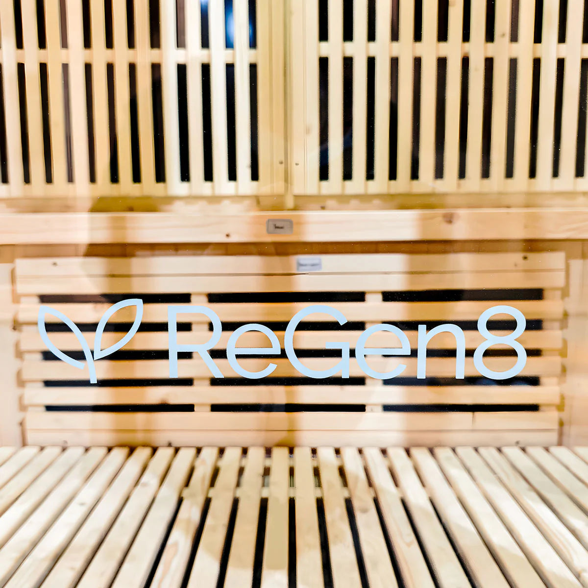 Lifespan Fitness ReGen8 wooden sauna interior with slatted benches and backrest