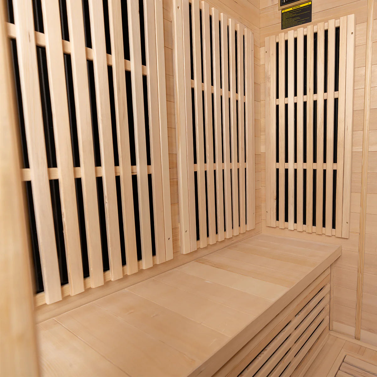 Lifespan Fitness wooden sauna interior with wooden bench and heating panels for relaxation