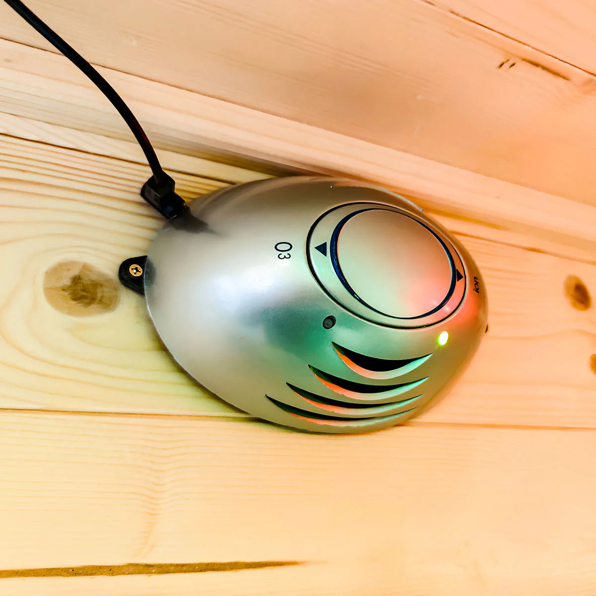 Lifespan Fitness sauna temperature control dial mounted on wooden wall