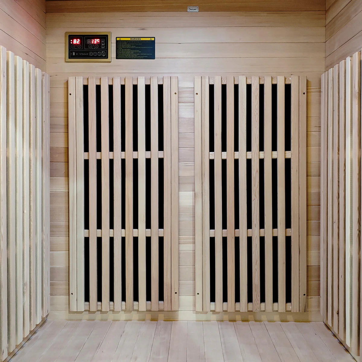 Lifespan Fitness sauna interior with wooden paneling and digital control panel for temperature settings