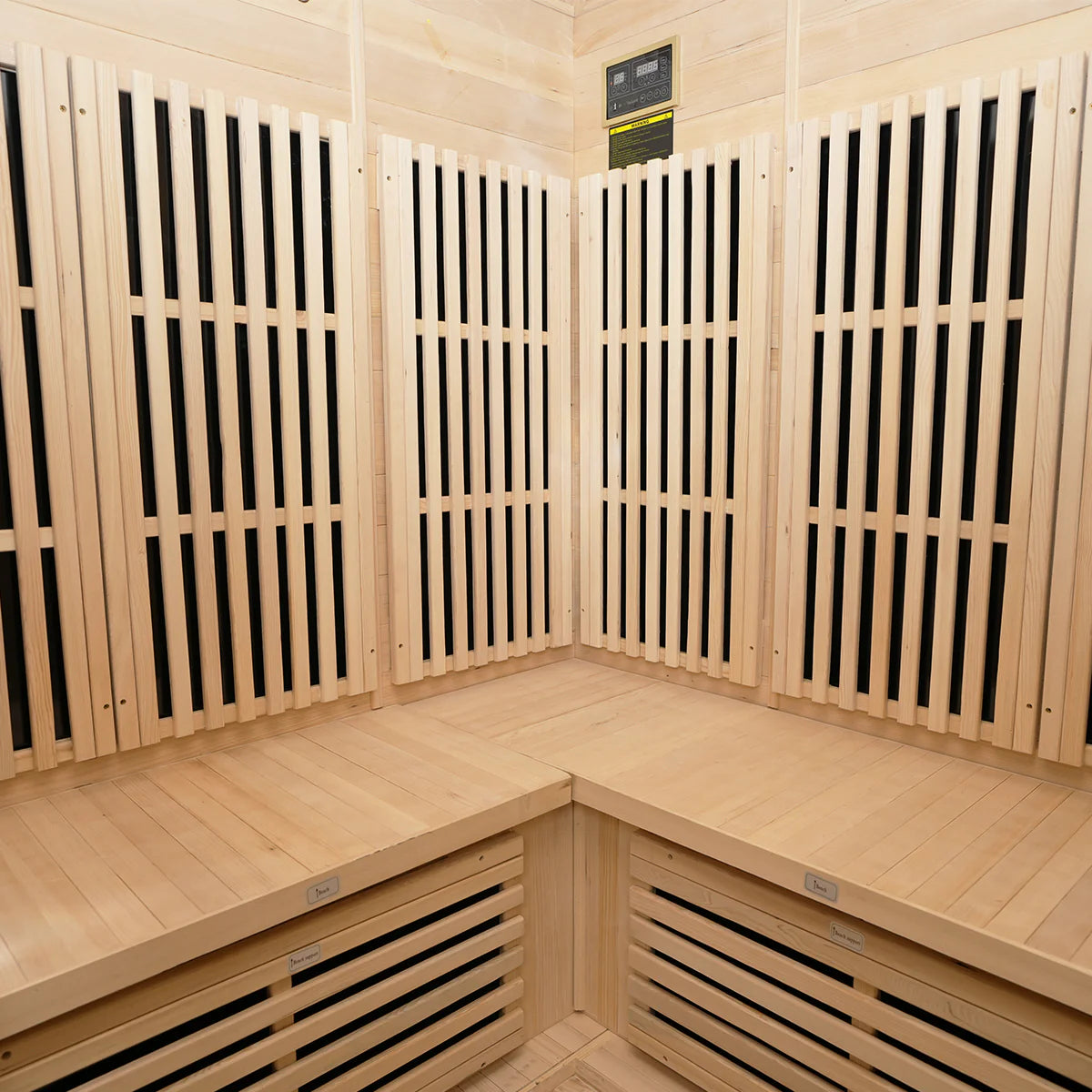 Lifespan Fitness sauna interior with wooden benches and black heating panels for relaxation