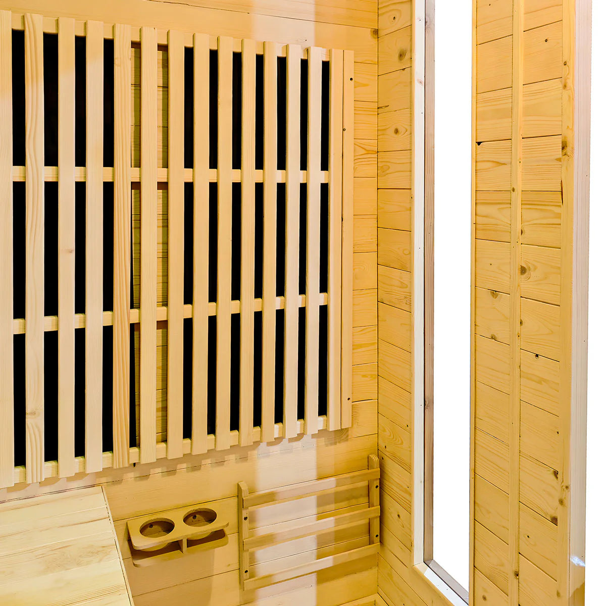 Lifespan Fitness wooden sauna interior with light wood panels and ventilation slats