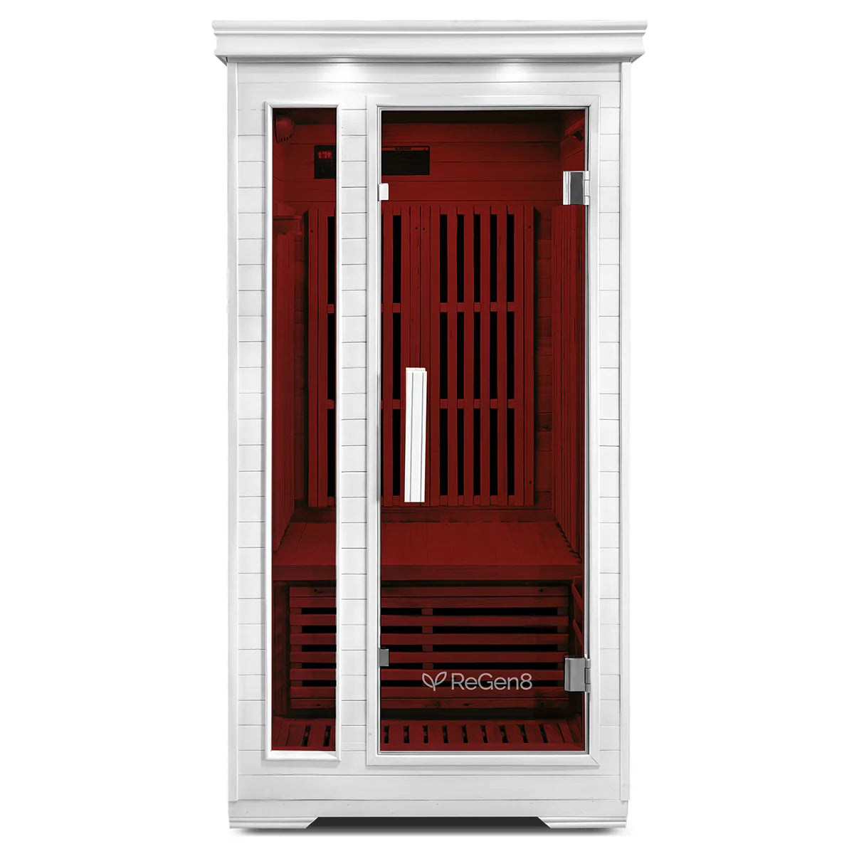 Lifespan Fitness white sauna with glass door and red interior wooden slats for home use