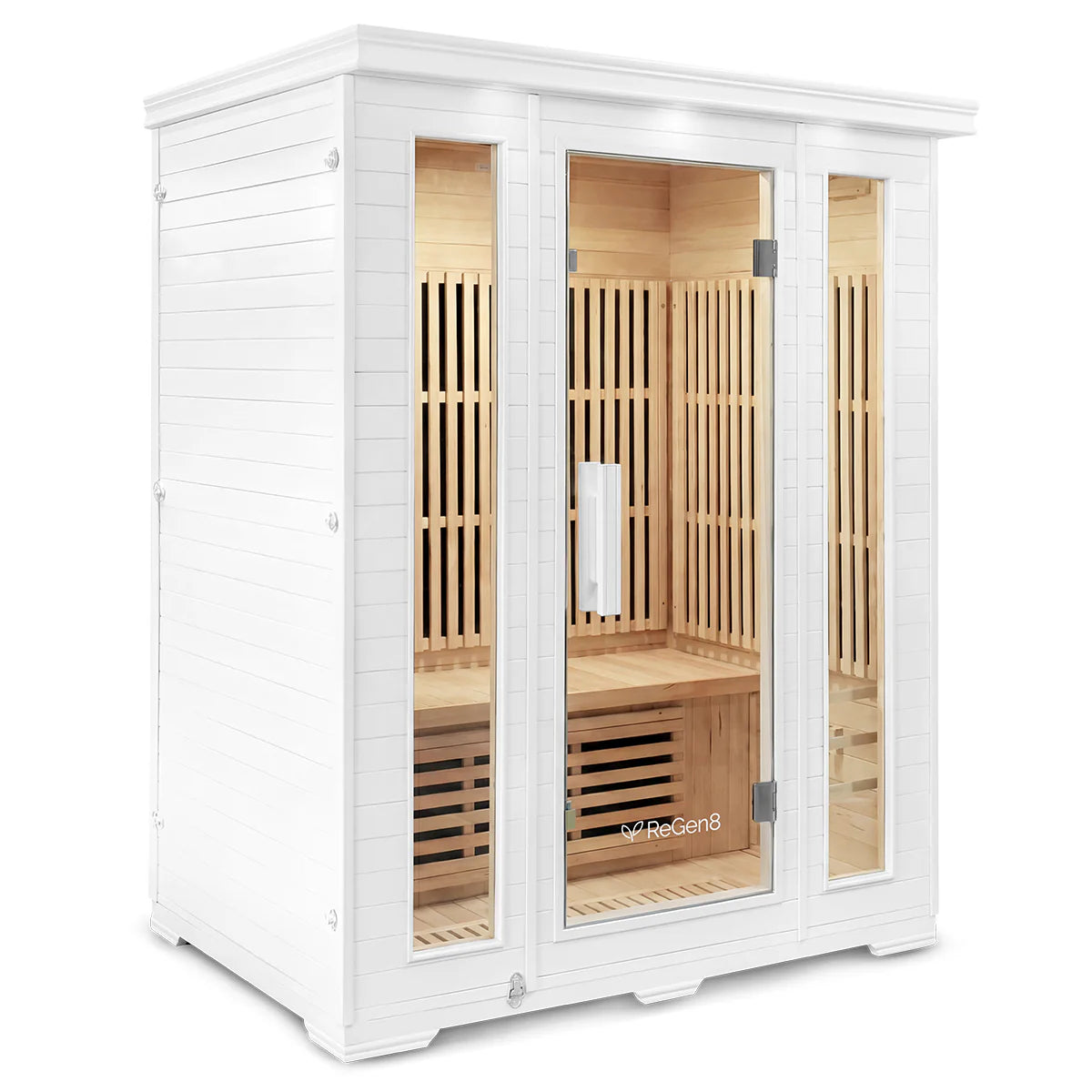 Lifespan Fitness white wooden sauna with glass door and interior bench seating 