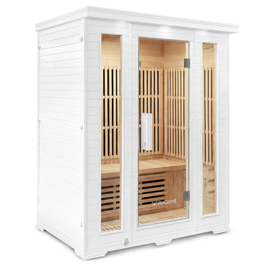 Lifespan Fitness white wooden sauna with glass door and interior bench seating 