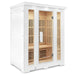 Lifespan Fitness white wooden sauna with glass door and interior bench seating 
