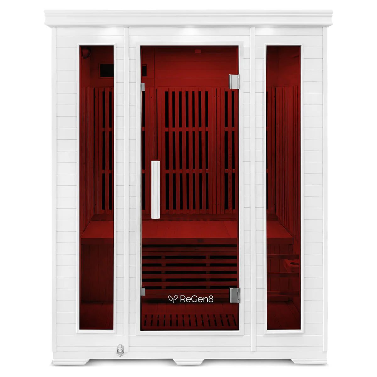 Lifespan Fitness ReGen8 sauna with white exterior and red-tinted glass door for home relaxation
