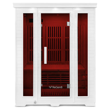 Lifespan Fitness ReGen8 sauna with white exterior and red-tinted glass door for home relaxation