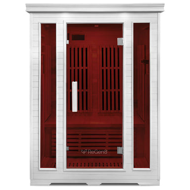 Lifespan Fitness white sauna with red tinted glass door and wooden interior bench