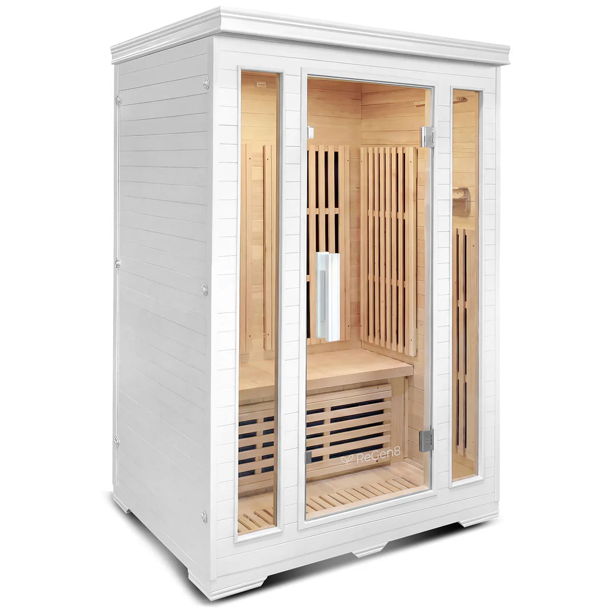 Lifespan Fitness white wooden sauna with glass door and interior wooden bench seating