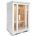 Lifespan Fitness white wooden sauna with glass door and interior wooden bench seating