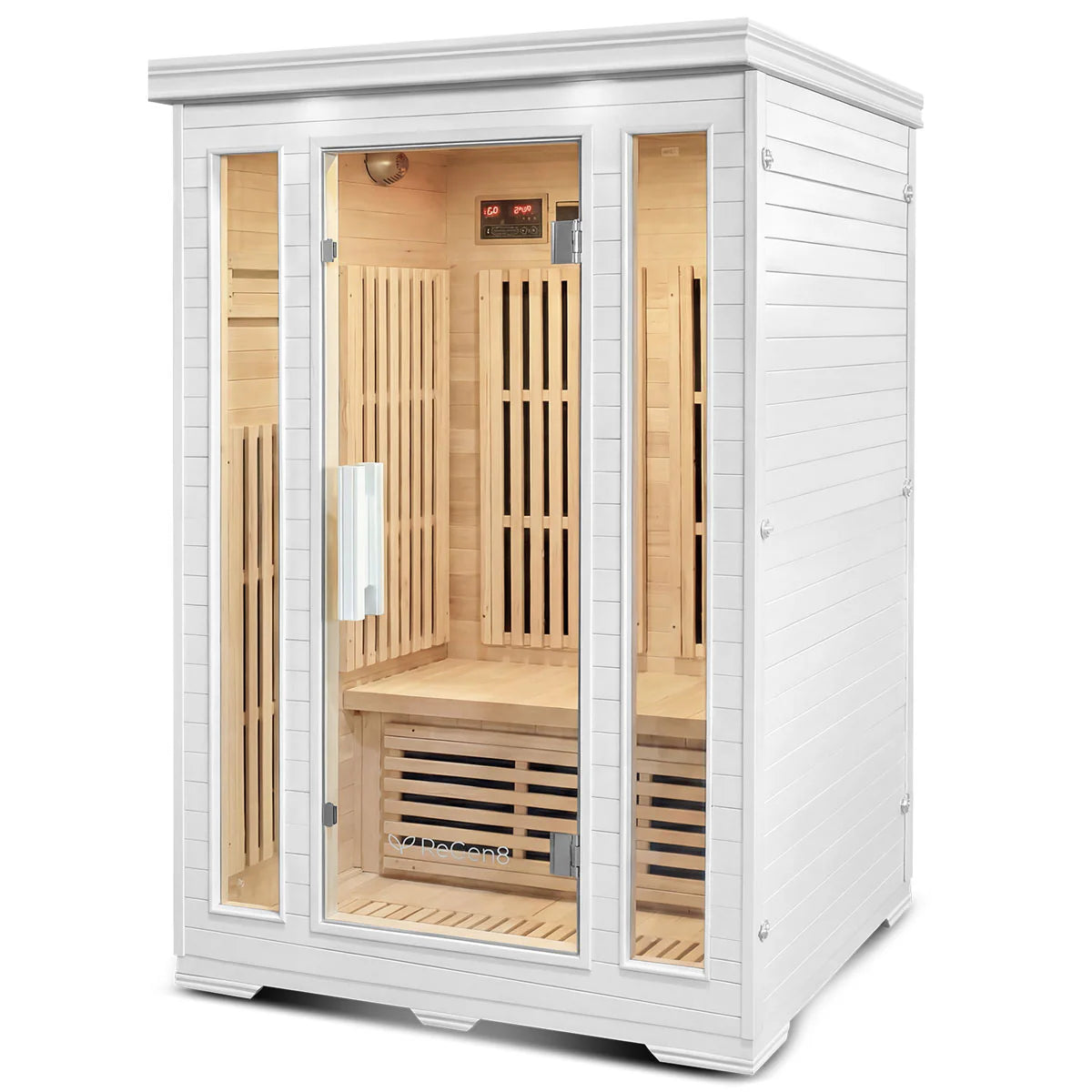 Lifespan Fitness white wooden sauna with glass door and interior wooden benches