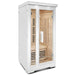 Lifespan Fitness white wooden sauna with glass door and interior wooden benches