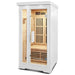 Lifespan Fitness white wooden sauna with glass door and interior bench for home use