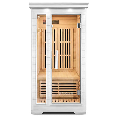 Lifespan Fitness wooden sauna with glass door and interior bench for home relaxation