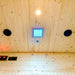 Interior ceiling of Lifespan Fitness sauna with LED light and speakers visible