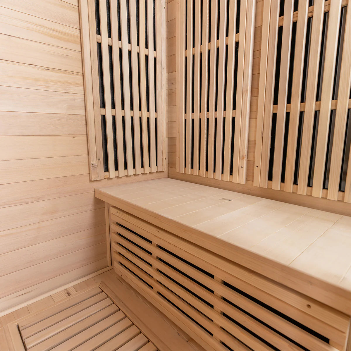 Lifespan Fitness wooden sauna interior with bench and wall panels for heat therapy
