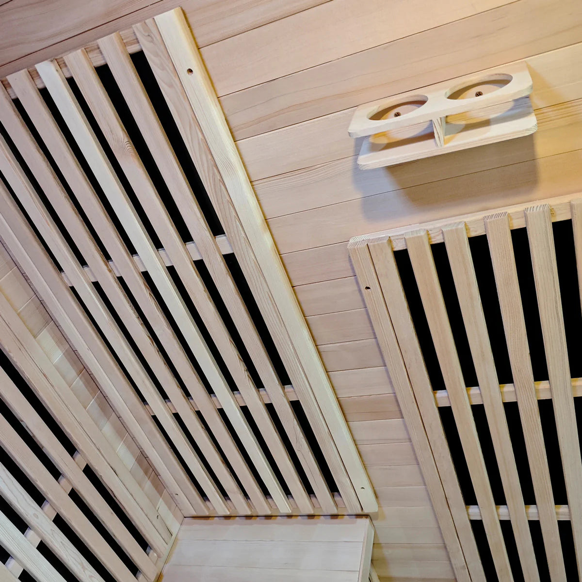 Lifespan Fitness wooden sauna interior ceiling with slatted panels and light fixture