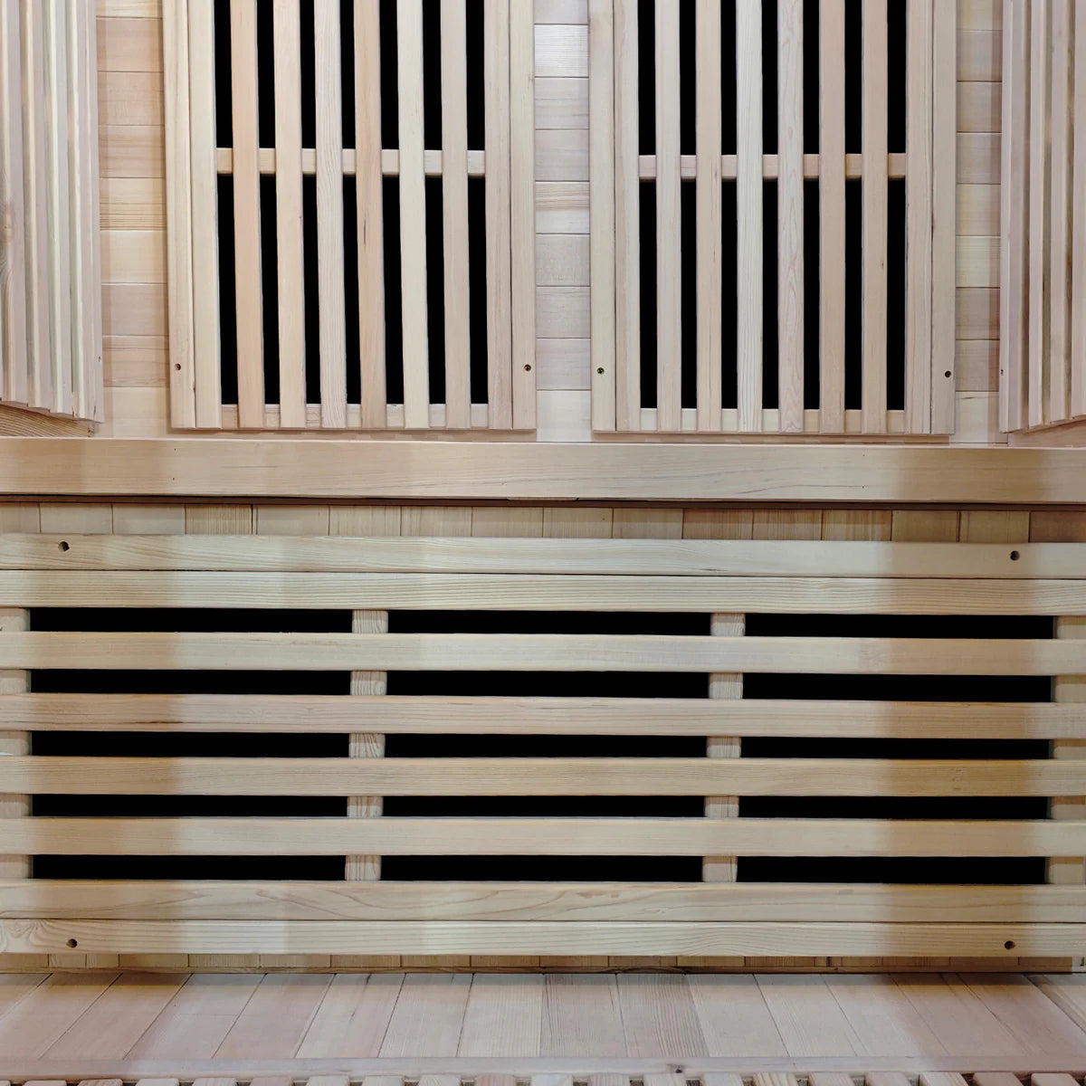 Interior view of Lifespan Fitness wooden sauna with slatted bench and wooden wall panels