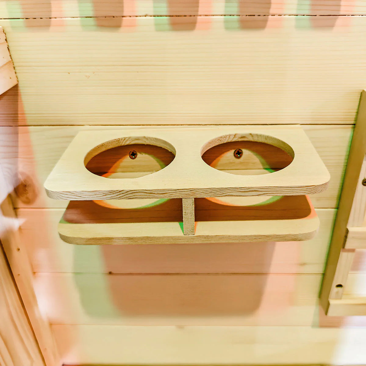 Lifespan Fitness sauna wooden drink holder with two circular slots mounted inside sauna room